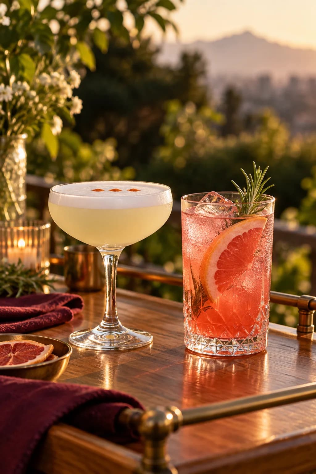 Imagen ilustrativa de un pisco sour y un mocktail de pomelo y romero sobre una barra al atardecer